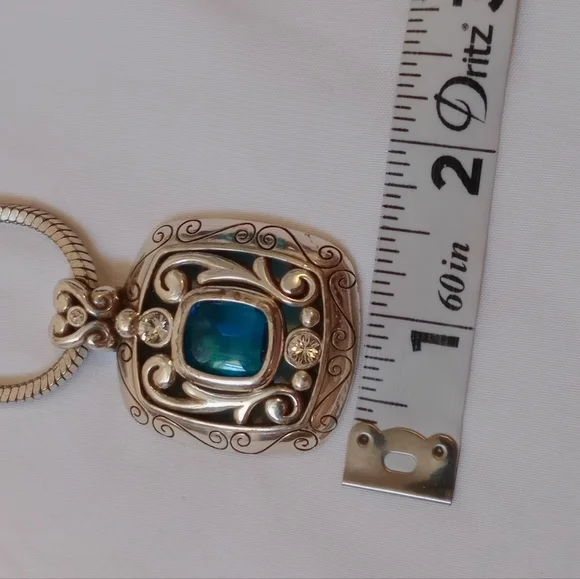 Brighton Blue Stone Scroll Pendant Necklace Silver Tone Snake Chain Elegant - Picture 10 of 12